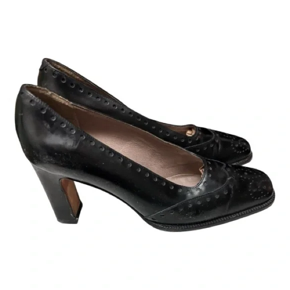 Vintage Anne Klein Black All Leather Wingtip Oxford Pumps Square Toe Italy 6 - Picture 16 of 16